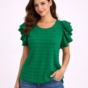 Anthro Emerald Green Ruffle Blouse XS NWT Textured Short Sleeve Feminine Top
